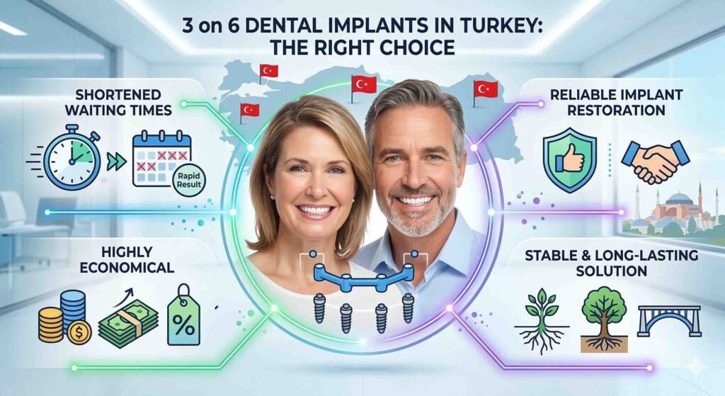 3 on 6 dental implants turkey is the right choice not only because of the shortened waiting times but also because it is highly economical.